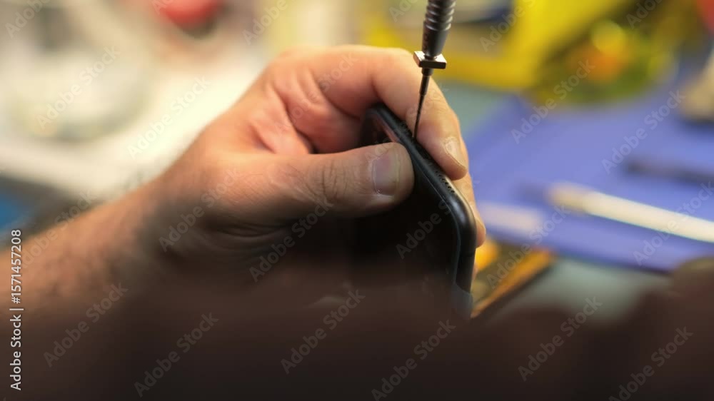 Aufkleber repairing a mobile device with a focus on careful disassembly and precision work in a professional e