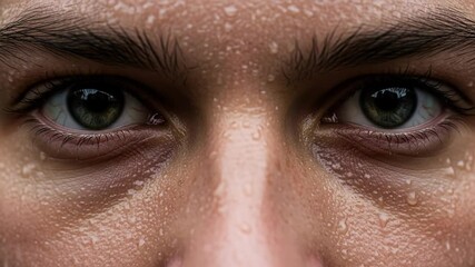 Close up sequence of a male eye blinking and opening covered in sweat droplets in slow motion - Powered by Adobe