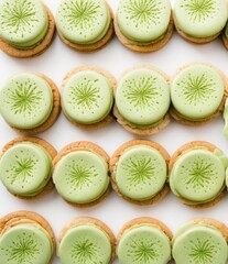 Round sandwich cookies with creamy matcha filling and decorative patterns arranged on a clean white background — elegant dessert concept perfect for branding, packaging, or modern food styling, poster