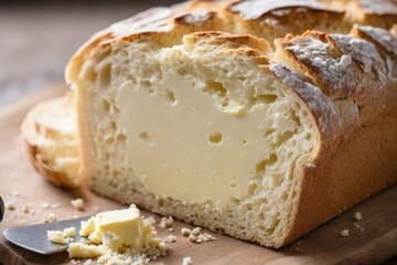 Close-up of fresh bread with creamy butter spread on top, visible texture and crumbs on wooden board – ideal for bakery, breakfast, rustic food styling, advertising, and butter product packaging. 