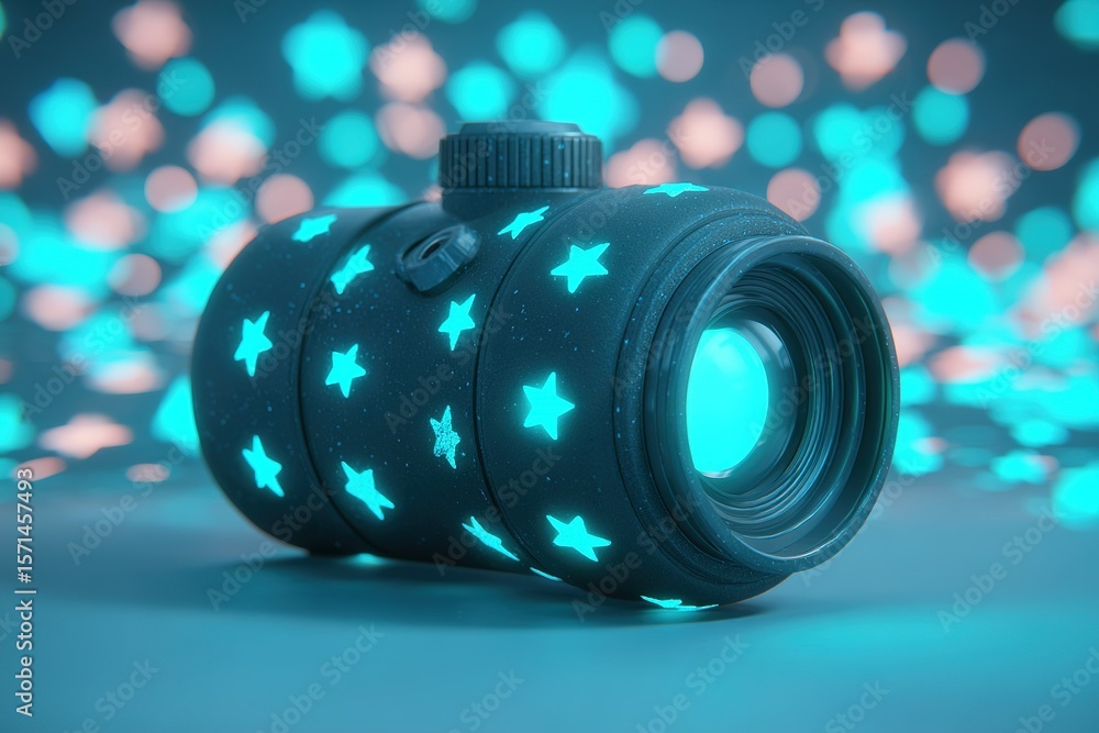 Poster creative camera with starry pattern and vibrant bokeh background emphasizing artistic photography