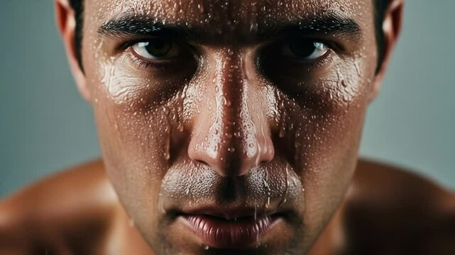 Intense close up of a man sweating dripping water showing determination and focus in studio lighting