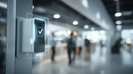 Access control system with a glowing check mark on screen. Modern security technology and identification reader in a blurred office hallway.