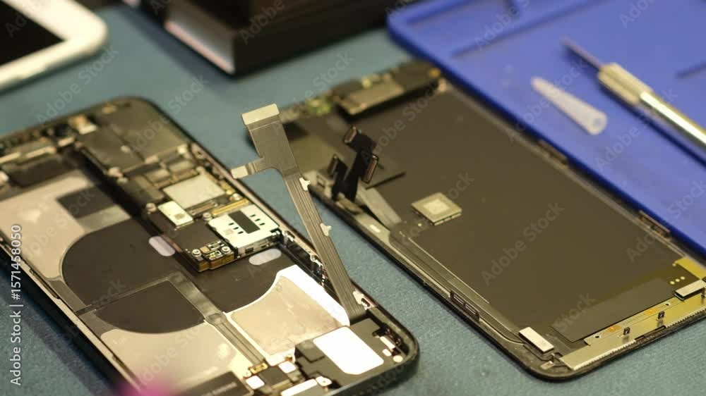 Aufkleber repair specialists work on disassembling and fixing smartphones, showcasing tools and methods used t