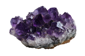 Close up of a vibrant amethyst crystal cluster on a black background.