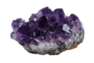 Close up of a vibrant amethyst crystal cluster on a black background.