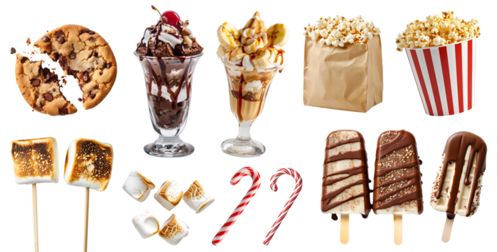 Collection of candy candies treats sweets dessert, Popcorn, cookie, Chocolate popsicle lolly, ice cream sundae milkshake, marshmallow, Candy cane, transparent cutout PNG. Many different variety
- Powered by Adobe