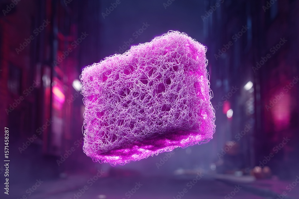 Poster floating abstract pink structure in an urban alley at night with moody lighting creating an atmosphe