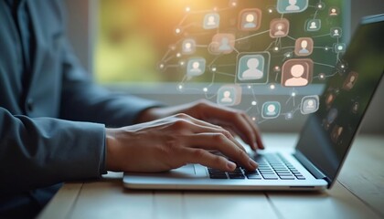 Person's hands typing on laptop network connection icons appear above computer