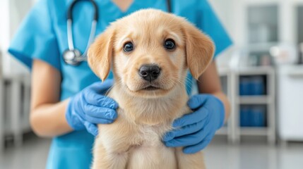 Veterinarian holding a golden retriever puppy during a medical examination at a veterinary clinic