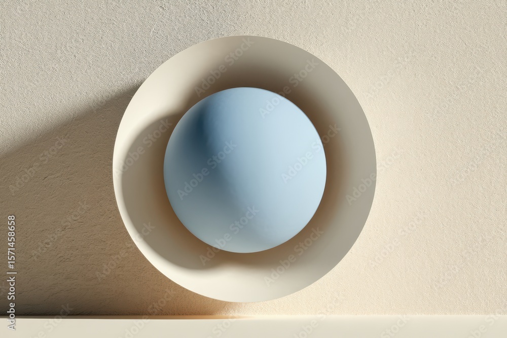 Poster minimalistic depiction of a blue sphere within a circular shadowed frame