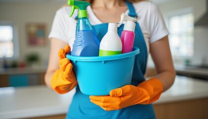 Woman in cleaning overalls holding a blue bucket with cleaning supplies