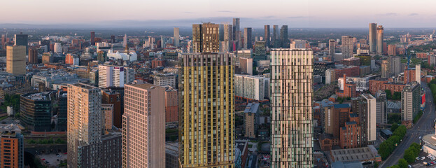 Aerial image of Manchester skyline featuring high-rise apartment buildings at Greengate during a...