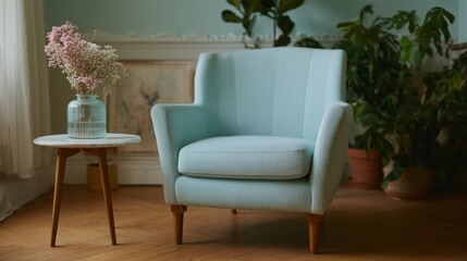 Modern light blue chair and side table with flowers in a cozy interior setting surrounded by greenery