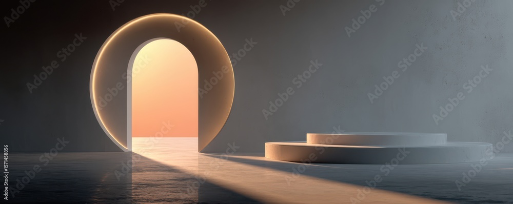 Poster minimalist architectural arch with soft lighting and layered circular podiums