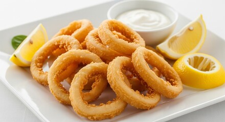 Golden fried calamari rings served with creamy aioli and fresh lemon wedges on white plate