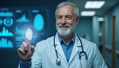 Senior male doctor using digital fingerprint interface futuristic medical technology hospital corridor background