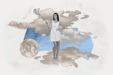 Zine 3d poster art collage of happy girl guy stand space galaxy moon planet cosmos discovery...