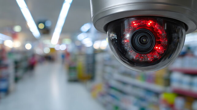 Security camera with red infrared lights monitoring a blurred grocery store. Surveillance system for public safety and theft prevention.
