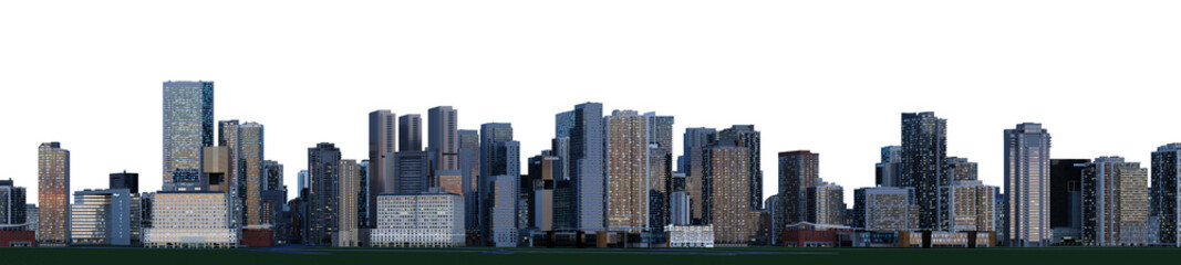 3D render of a panoramic night city view on a transparent background.
