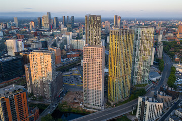 Aerial image of Manchester skyline featuring high-rise apartment buildings at Greengate during a...