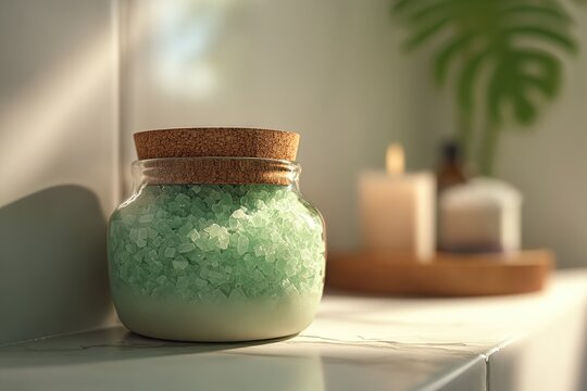Green bath salts in a clear jar with cork lid on a countertop during the afternoon sunlight in a cozy bathroom setting