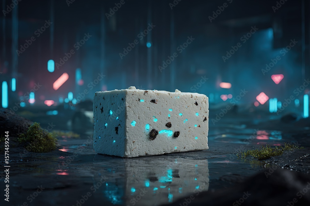 Aufkleber unique block with glowing patterns sits on a reflective surface amid vibrant neon lights and a moody