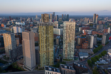 Aerial image of Manchester skyline featuring high-rise apartment buildings at Greengate during a...