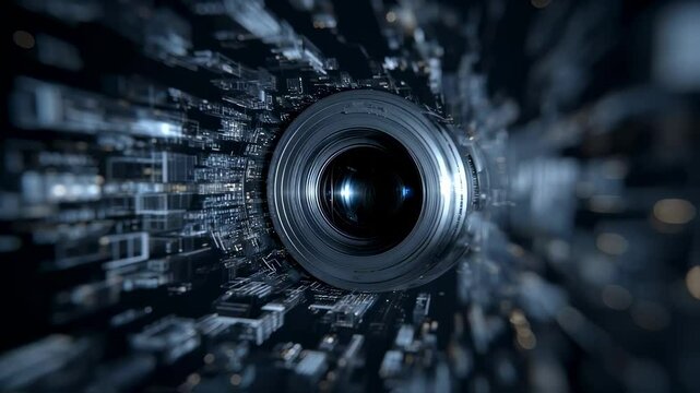 Camera lens navigating through a vibrant digital landscape, representing the seamless blend of technology, innovation, and photography in a futuristic realm of exploration and creativity