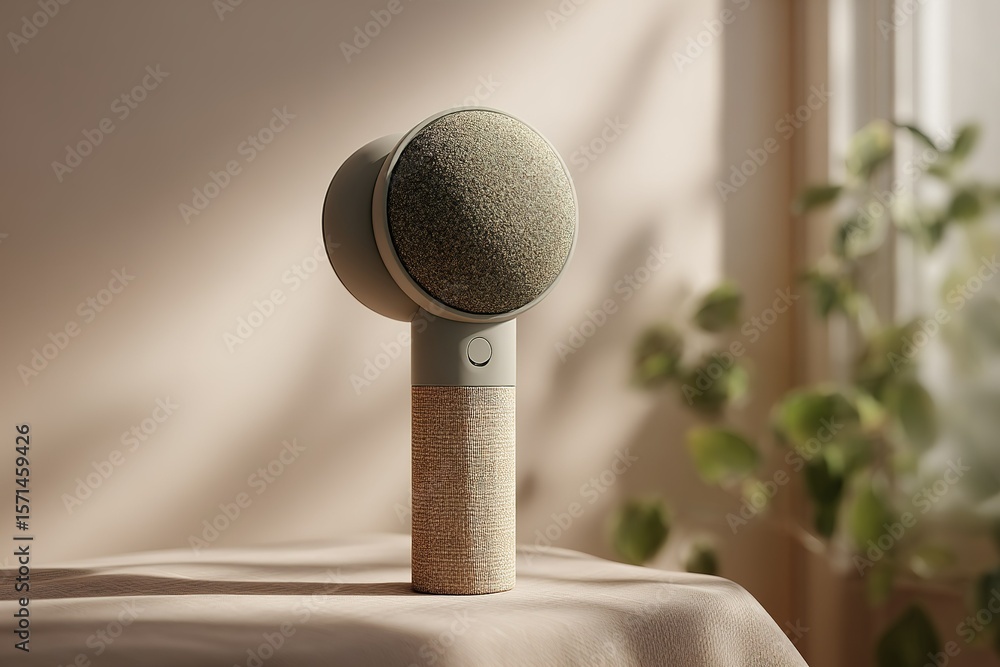 Poster stylish handheld speaker on a soft surface with natural light illuminating its muted tones and textu