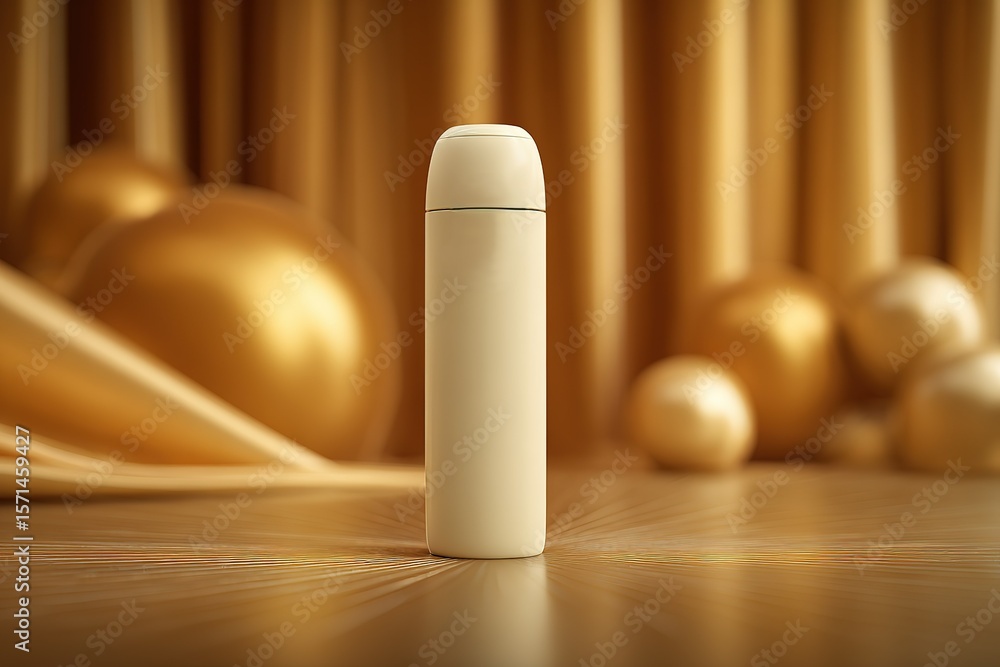 Poster elegant white container displayed against warm golden backdrop with decorative elements and soft lig