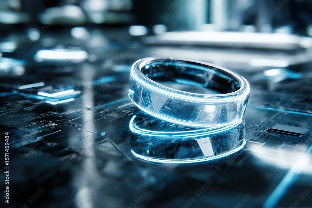 Aufkleber modern transparent ring resting on a glowing circuit board surface in a futuristic setting