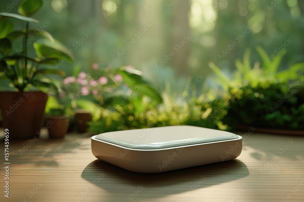 Poster nature-inspired workspace features a sleek device on a wooden surface surrounded by lush greenery in