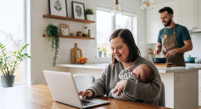 Young mother with down syndrome holding her sleeping newborn baby while working remotely from home on a laptop with her partner cooking in the background. Inclusive and supportive family life