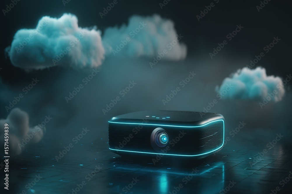 Poster modern projector casting light in a dark environment with floating clouds and a mystical ambiance
