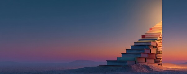 Stairway of books leading upward into a vibrant twilight sky