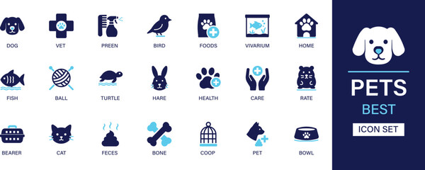Pets icon set collection. Dog, vet, preen, bird, foods, vivarium, home, fish, ball, turtle, hare, care, rate, cat, bone and best solid icon set.
