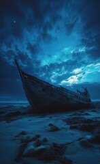 A weathered, wooden shipwreck on a dark beach at twilight