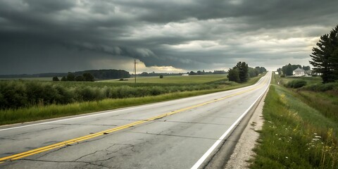 Fototapeta premium An empty rural highway stretches towards a dramatic stormy sky over vast green fields and distant trees