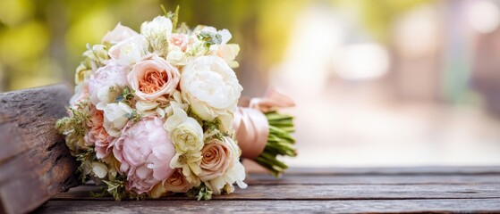 The beautiful floral bouquet resting elegantly on a rustic wooden surface.