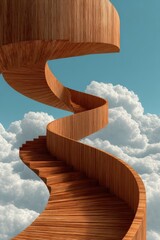 Abstract spiral staircase against a serene sky with fluffy clouds