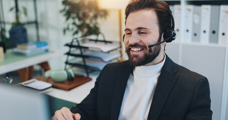 Call center, help and happy business man with service, finance and loan approval for customer....
