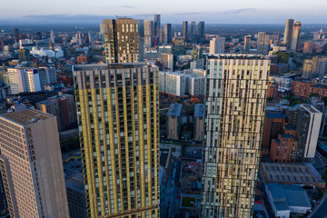 Aerial image of Manchester skyline featuring high-rise apartment buildings at Greengate during a...