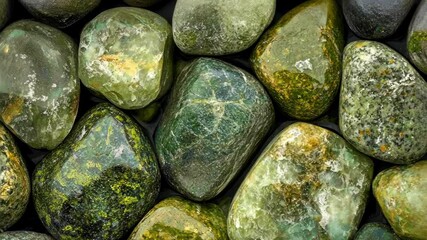 Pile of shiny green river stones, textured background, smooth pebbles - Powered by Adobe