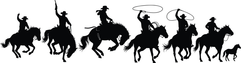 Cowboys riding horses with lassos and pistols, silhouette illustration of wild west rodeo action, western theme black vector art