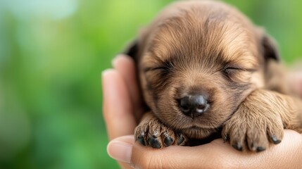 Close up of a veterinarian cradling a fluffy puppy's paw, showcasing pet wellness and care against a lush green background