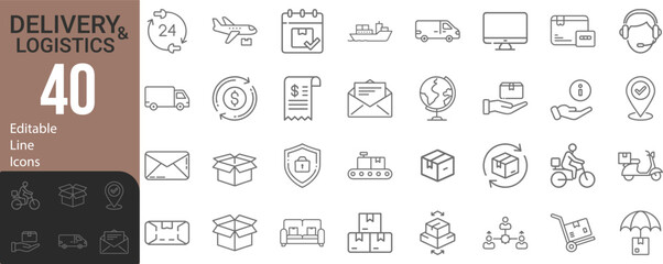 Collection Of Modern Editable Thin Line Style Delivery And Logistic Icons Set Related Moving Service Shipping By Sea, Air Delivery, Date, Courier, Warehouse, Pictograms Infographics And More