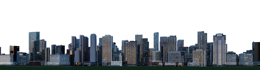3D render of a panoramic night city view on a transparent background.

