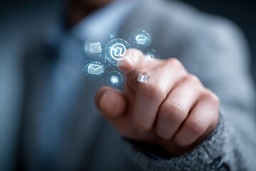 Person's finger touches a glowing email symbol surrounded by other communication icons, signaling