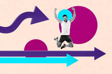 Collage of a delighted woman man jumping vibrant arrows shapes representing motivation success in achievement